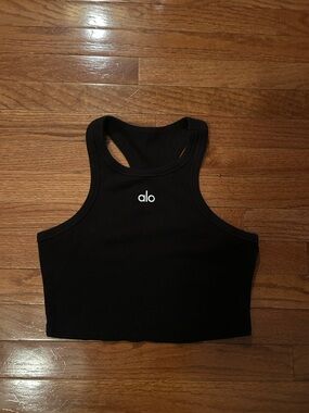 ALO Aspire Tank - Black Racerback Crop Top with White Logo